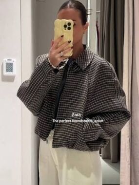 Zara Houndstooth Mac Cropped Bomber Jacket